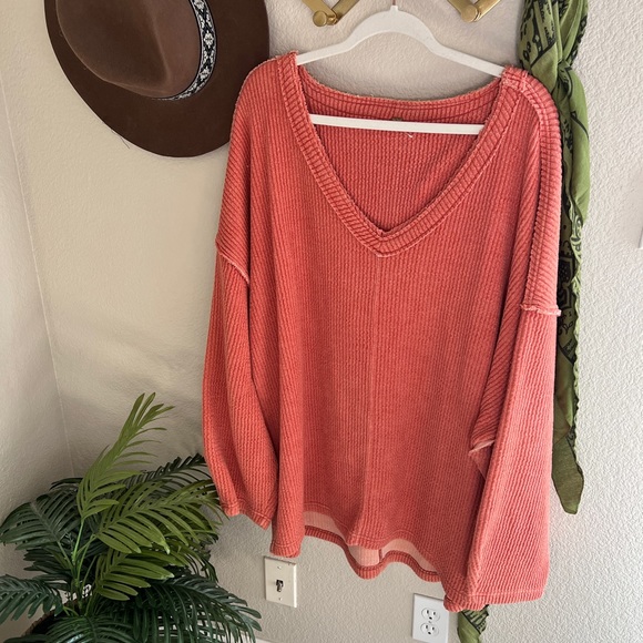 Free People Tops - Free People Orange Ribbed oversized boxy easy v pullover Sweater Sweatshirt